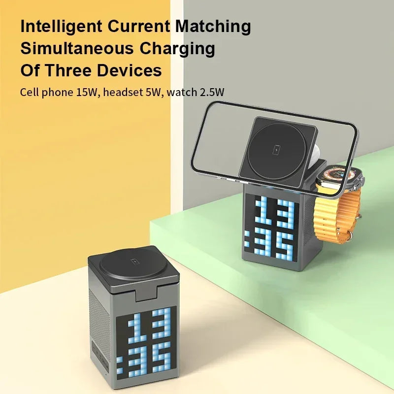 6-wɔ-1 multifunctional wireless ntɛmntɛm charging Bluetooth akasam alarm dɔn cartoon pixel ma charge mobile fon / dɔn