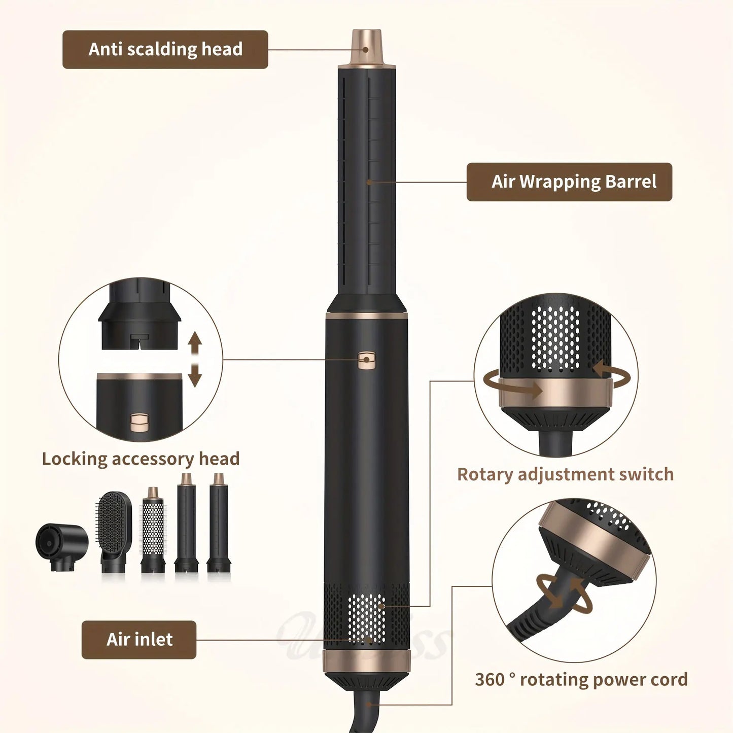 5 wɔ 1 Multifunction Mframa Styler, Mframa a Ɛyɛ hyew Brush, Nwi Dryer Brush, Ɔhyew Brush Magic Styler, Nwi Dryer Brush