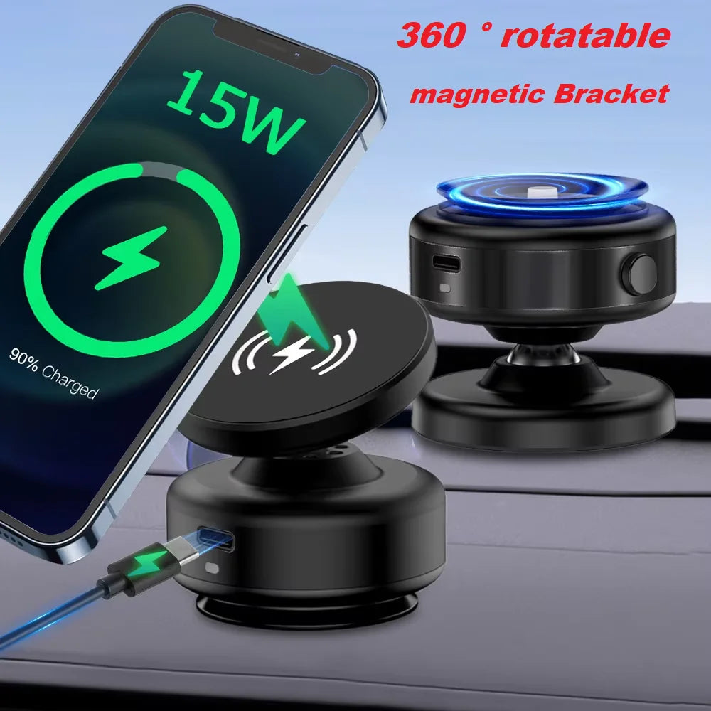 Car Magnetic Vacuum Phone Holder 360° Swivel Wireless Charging Bracket Dashboard Support GPS in Car For iPhone 15 14 13 Huawei