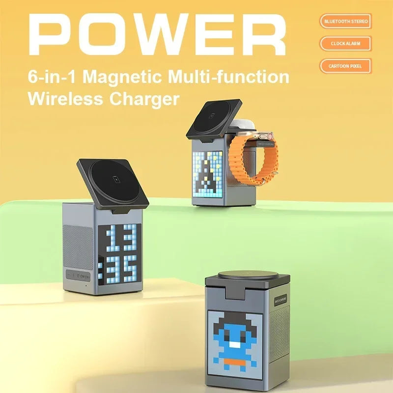 6-wɔ-1 multifunctional wireless ntɛmntɛm charging Bluetooth akasam alarm dɔn cartoon pixel ma charge mobile fon / dɔn