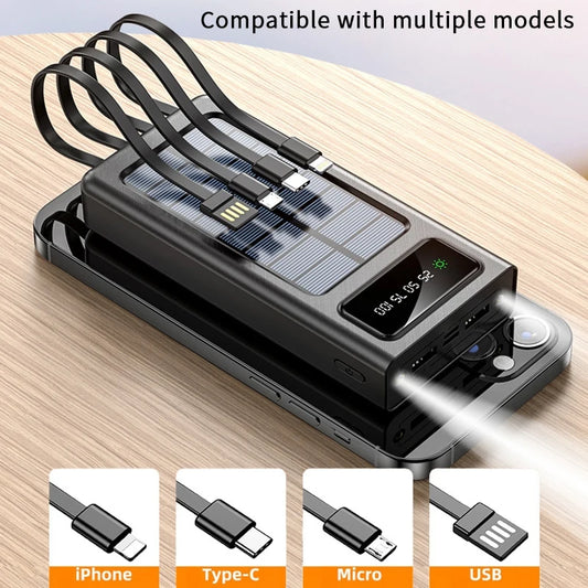 20000/30000mAh  Solar Power Bank LED Light   Large Capacity Fast Charging Battery With 4-Cables Outdoor Power Bank
