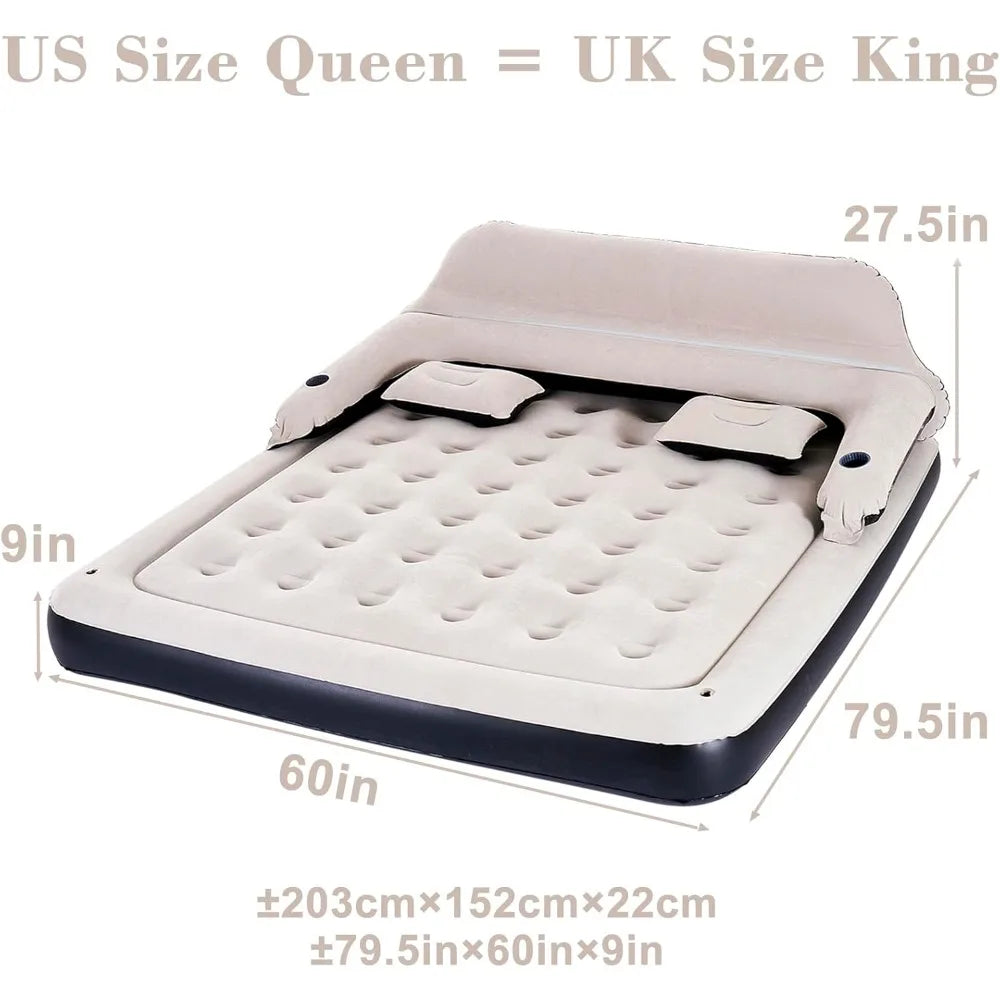 Hot-Sell a Ɛyɛ Fɛ! - Queen Size Air Mattress Sofa Bed a ɛwɔ Headboard ne Pillow, Inflatable mpa a wɔde ma abɔnten anadwo