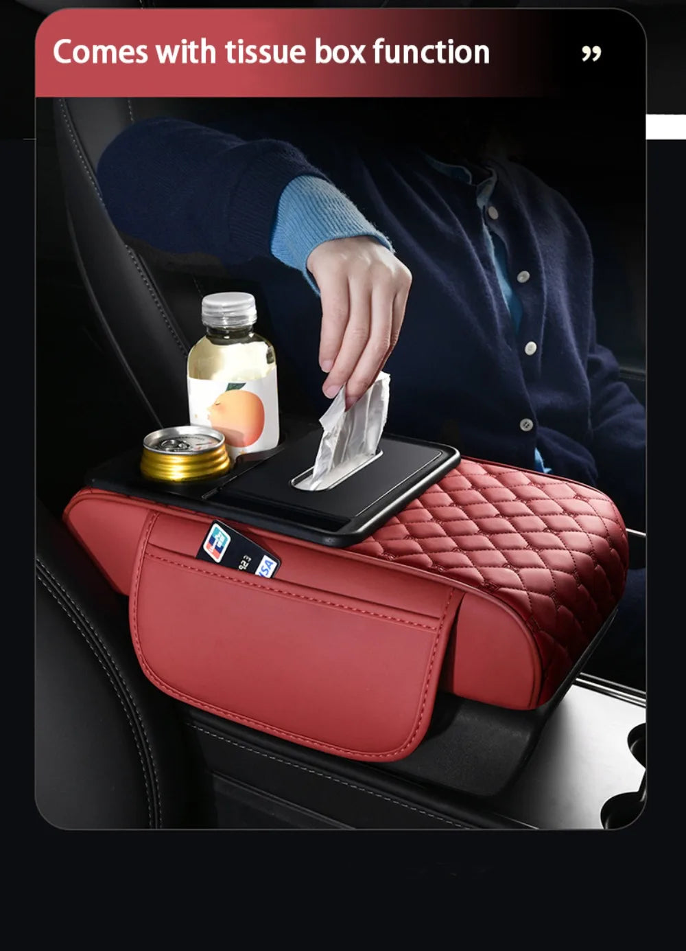 Portable Center Console Armrest Cushion PU Leather Multifunctional Armrest Pad Height Increasing with Cup Holder Tissue Box