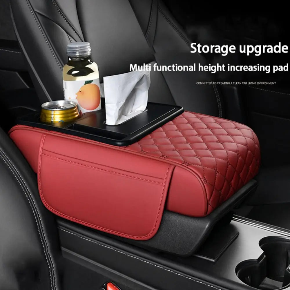 Portable Center Console Armrest Cushion PU Leather Multifunctional Armrest Pad Height Increasing with Cup Holder Tissue Box